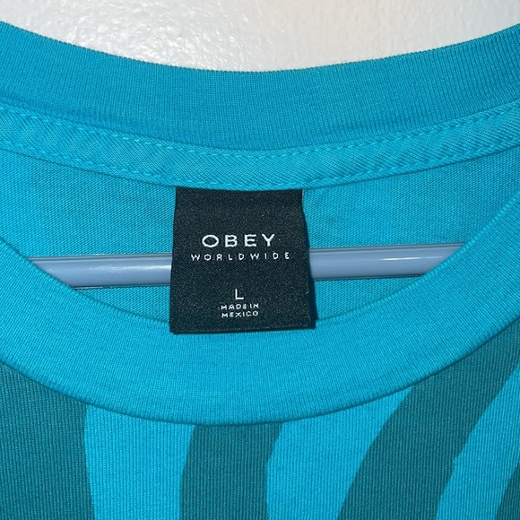 Size L Men's Obey Blue Long Sleeve Shirt - Picture 4 of 6